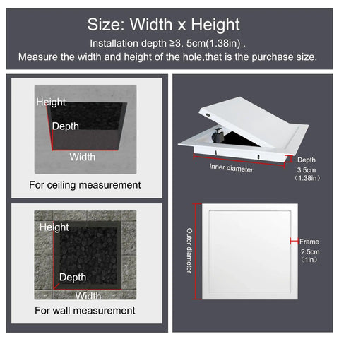 Heavy Duty Metal Ceiling Access Panel For Drywall Utility Rooms Slick White Flush Mount Hatch showing size and installation measurements.