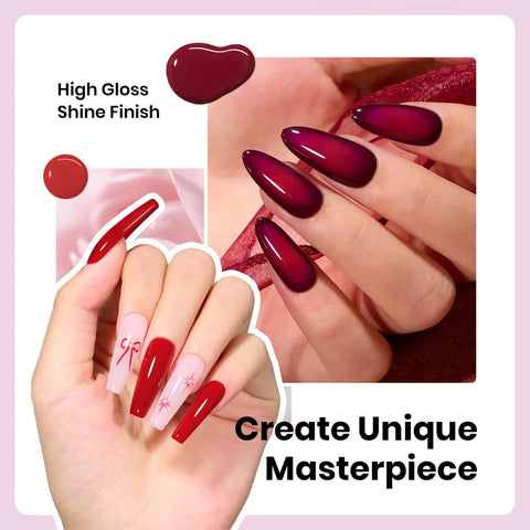 Manicured nails with burgundy and red polish from Six Piece Gel Nail Polish Set 15ml Each Full Size Kit With Burgundy Dark Red Brown