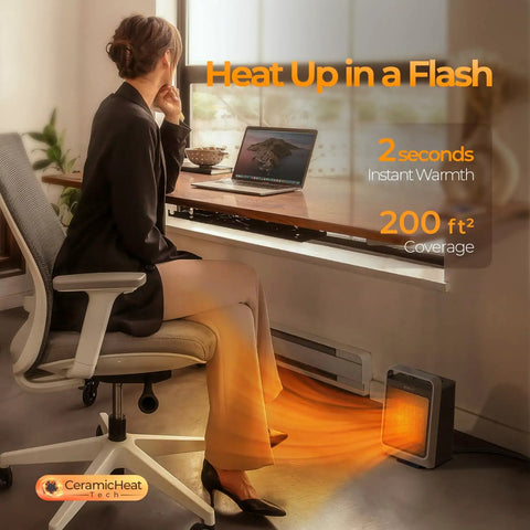 Woman using Compact 1500W Space Heater For Indoor Use With Thermostat Ceramic Portable Heater next to desk in office.