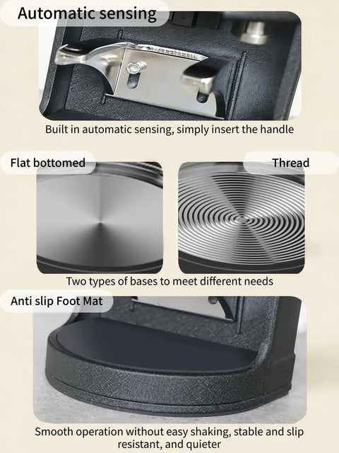 Top Shelf Electric Coffee Tamper 58 Mm Barista Quality Espresso Press with flat bottom and anti-slip foot mat for stability.