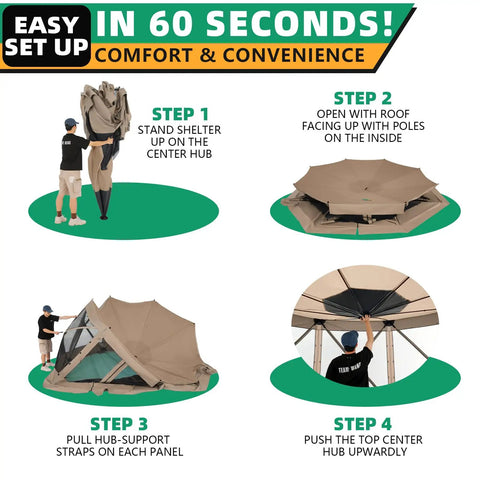 Four steps to set up 15x15 Foot Pop Up Gazebo Screen Tent For Camping Instant Hub Canopy With Mosquito Netting Spacious Screen Room