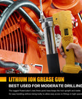 Cordless 12000 PSI Grease Gun Kit With Dual Batteries And Charger, Quick Release Coupler shown in use on machinery