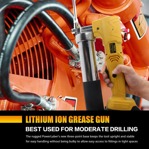 Cordless 12000 PSI Grease Gun Kit With Dual Batteries And Charger, Quick Release Coupler shown in use on machinery