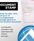 Document stamp showing a detailed invoice with a circular date and message stamp, part of Workhorse Heavy Duty Time Clock And Document Stamp Featuring Smart Led Alignment Dual View Windows For Hassle Free Employee Punch Tracking And No Nonsense Business Attendance Solutions.