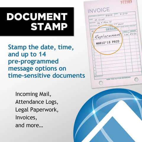 Document stamp showing a detailed invoice with a circular date and message stamp, part of Workhorse Heavy Duty Time Clock And Document Stamp Featuring Smart Led Alignment Dual View Windows For Hassle Free Employee Punch Tracking And No Nonsense Business Attendance Solutions.