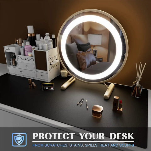 Large PVC Leather Desk Mat For Office Use, Extra Large Mouse And Keyboard Pad, Computer And Laptop Desk Protector, 31.5 X 15.7 Inches, Black on desk with mirror and vanity items