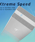 Turbocharged Eight Terabyte Dual Bay External Raid Enclosure With Three Port USB Type C Hub showing Xtreme Speed up to 1026MB/s SSD.