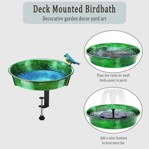 Heavy Duty Deck Mounted Bird Bath And Feeder For Patio Rails 11.5 Inch Sturdy Metal Basin with green finish and a blue bird
