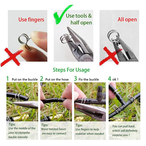 Leak-Proof Easy Install One Quarter Inch Irrigation Hose Clamps Set Made From Durable 304 Stainless Steel usage steps illustration