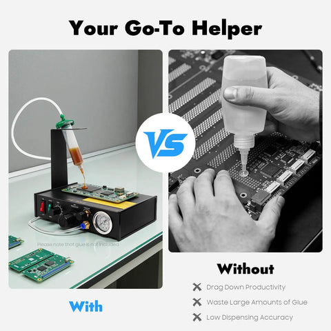 Pro Grade Semi Automatic Glue Dispenser Machine For Electronics With 0.01ml Precision And Vacuum Suck Back Solder Paste Controller Liquid Adhesive Dropper Timer Controlled Bonding Of Tiny Components And PCBs on PCB assembly with syringe and vacuum tube