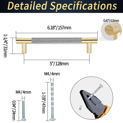Detailed specifications of Knurled Cabinet Pulls 12 Pack, 6 Inch Long Metal Door And Drawer Pulls in Grey And Gold Finish with dimensions