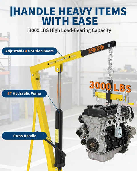 Heavy Duty Hydraulic Engine Hoist With No Sweat Pumping Lever And Adjustable Telescoping Boom Equipped With Four Rolling Swivel Casters For 3000 Lbs Shop Crane And Garage Cherry Picker Rig Yellow Finish showing 3000 lbs engine and hydraulic pump.