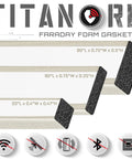 TitanRF Faraday foam gasket set with adhesive-backed conductive fabric; black foam strips, two 90 in and one 20 in.
