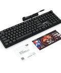 Dope Full Size Gaming Keyboard With Quick Turn Volume Knob, 104 Keys Wired PC Peripheral Featuring Fresh RGB Lighting And Crisp Feedback For Weekend Warriors, angled view with cable and documentation.
