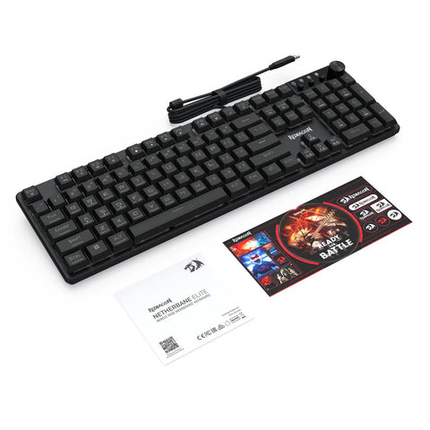 Dope Full Size Gaming Keyboard With Quick Turn Volume Knob, 104 Keys Wired PC Peripheral Featuring Fresh RGB Lighting And Crisp Feedback For Weekend Warriors, angled view with cable and documentation.