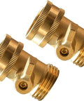 Pair of Solid Brass Garden Hose Shut Off Valve Set, Beefy Heavy Duty Three Quarter Inch with detailed metal texture, gold color.