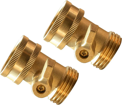 Pair of Solid Brass Garden Hose Shut Off Valve Set, Beefy Heavy Duty Three Quarter Inch with detailed metal texture, gold color.