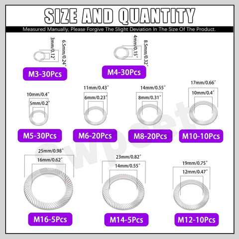 Size and quantity chart for 160 Piece 304 Stainless Steel Double Side Tooth Lock Washer Assortment Kit M3 Through M16 Sizes.