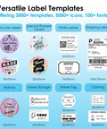 Versatile label templates showcasing various shapes and sizes, ideal for shipping, home storage, and clothing labels.