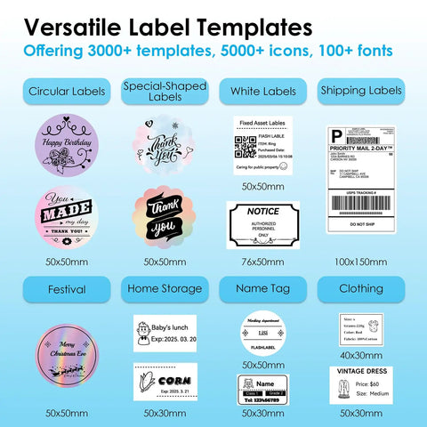 Versatile label templates showcasing various shapes and sizes, ideal for shipping, home storage, and clothing labels.
