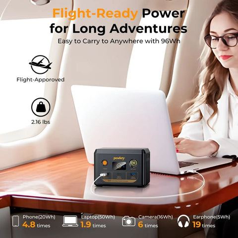Laptop Power Station Your Go To 100W Portable Charger With 96Wh LiFePO4 Battery PD 3.0 Fast Charge USB C on airplane table