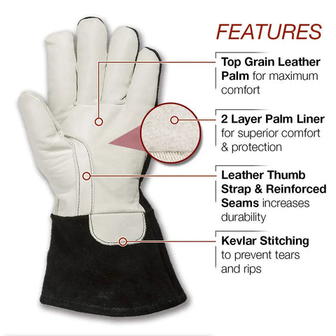 DynaMIG HD Pro Grade MIG Welding Gloves Built For Pros With Heat Resistant Inside Liner Three Layer FlameSoft On Top Hand And Cotton On Bottom For Dexterity Grain Leather Palm Seamless Trigger Finger Medium Size K3806M featuring top grain leather palm, thumb strap, and Kevlar stitching.