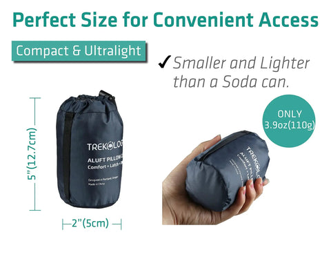 Ultralight Inflatable Camping Pillow ALUFT 2.0 in hand, showing compact 5x2 inches size, navy color, and 3.9 oz weight.