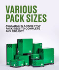 Stack of green boxes labeled for Heavy Duty Galvanized Carriage Bolts Five-Eighths Inch By Sixteen Inch, 25 Count, various sizes.