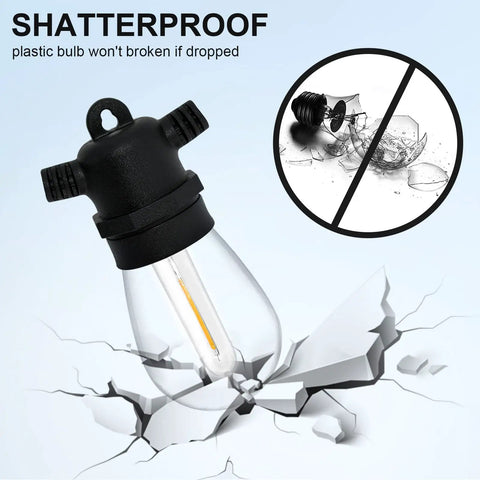 Close-up of shatterproof LED bulb over cracked surface, highlighting durability. Shatterproof LED Outdoor String Lights 48Ft IP65 Waterproof Edison Vintage Backyard Patio Cafe Garden Party Camping Lighting Energy Saving 15W Total 30 Lumens Per Bulb 450 Lumens Overall Never Gets Hot.