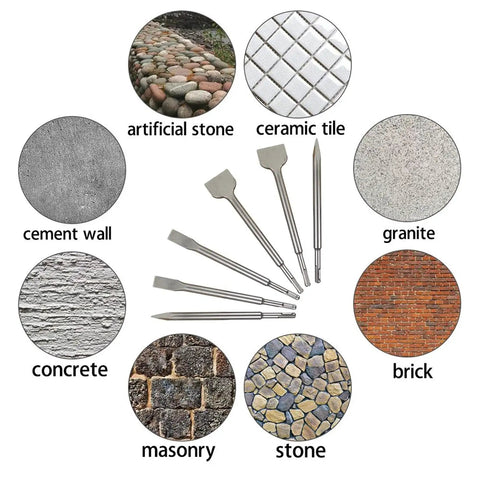 Heavy Duty Concrete Chisel Set, 6 Piece For Rotary Hammers, Includes 20mm And 40mm Flat Chisels And 250mm Point Chisel with material surfaces.