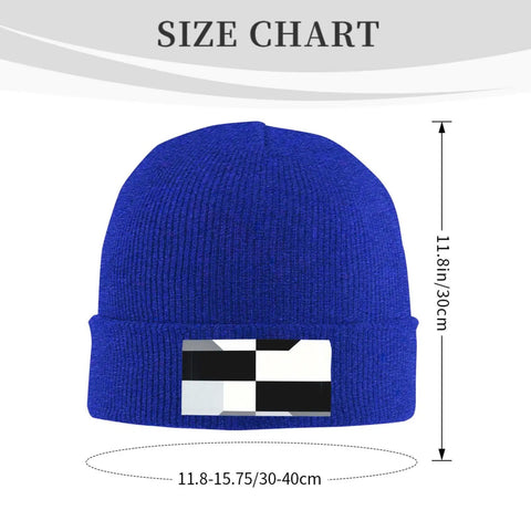 Kick Cold Weather To The Curb With This Straight Up Cozy Black And White Piano Plate Grid Knit Hat Crafted From Ultra Plush Acrylic Fiber For No Cap Winter Warmth Indoors Or Stepping Outside size chart with dimensions for fitted cap.