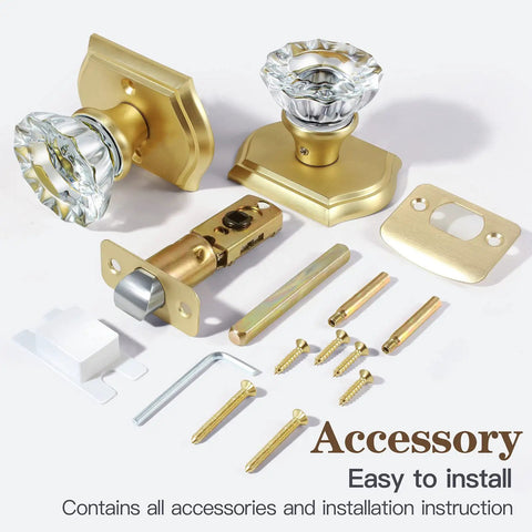 Antique Crystal Door Knob Set In Satin Brass For Interior Doors With Passage Function including all installation accessories