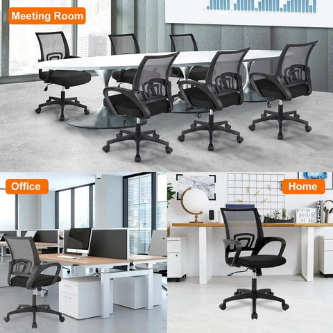 Top Shelf Ergonomic Mid Back Office Chair Featuring A Stay Cool Mesh Design Rock Solid Lumbar Support Fully Adjustable Height And Smooth Glide Casters For Serious All Day Comfort And Built Different Desk Vibes In Black in a meeting room and home setting.