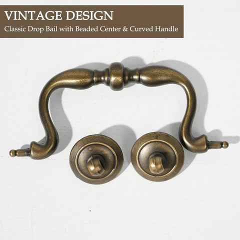 Antique Brass Drop Bail Drawer Pulls 4 Pack With 4 Inch Hole Center Vintage Cabinet Handles Featuring Traditional Bead Center Colonial Style