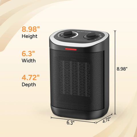 Portable 1500W Ceramic Space Heater With Thermostat, Three Heat Modes, Overheat And Tip Over Protection, dimensions shown.
