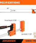 48-Inch Heavy Duty Bar Clamps Set With Parallel Jaws, 1500 Lbs Clamping Force, dimensions and specifications visible
