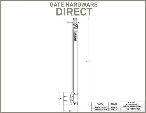Technical drawing of Magnetic Pool Safety Gate Latch For 20 Inch Tall Black Gate, Keyed Alike, dimensions shown in detail.