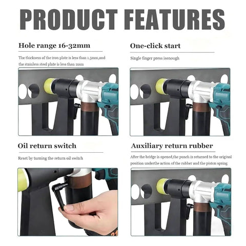 Cordless Hydraulic Hole Puncher With Dual Batteries Heavy Duty Metal Punch Tool 150mm Throat Depth product features