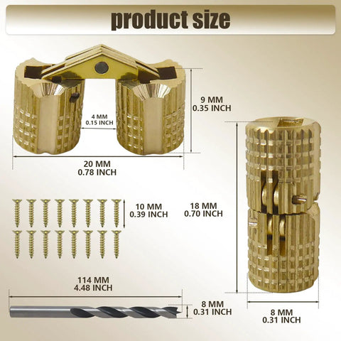 Gold Finish Hidden Brass Barrel Hinges 8mm Set of 8 With 16 Screws and 1 Drill Bit dimensions and components