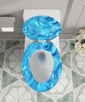 Toilet Seat Elongated Quiet Close for Bathroom in blue marble design, fitting standard toilets, top view.