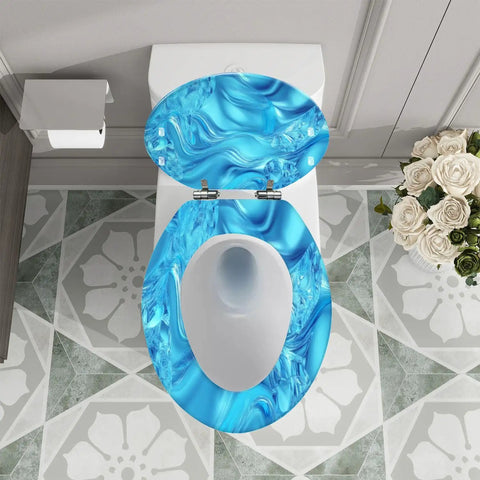 Toilet Seat Elongated Quiet Close for Bathroom in blue marble design, fitting standard toilets, top view.