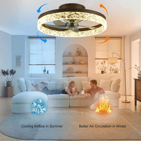 Slick Low Profile Ceiling Fan With Lights And Remote, 19.7 Inch Coffee Gold Finish in living room showing cooling and heating modes.
