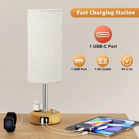 Dimmable Solid Wood Bedside Lamp With USB C Ports Compact Nightstand Light For Bedroom Or Living Room Built In USB Outlet Bulb Included