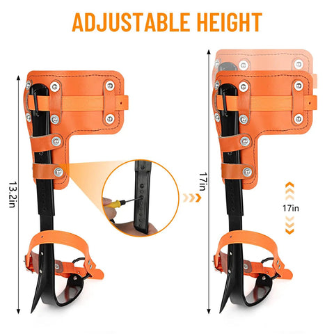 Adjustable Go To Tree Climbing Spikes Set With Alloy Steel Climbing Spurs, orange straps, sizes 13.2in and 17in visible