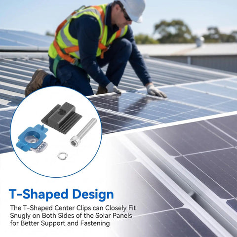 Top Shelf Black Solar Panel Clamps And End Mount Hardware Kit Compatible With Standard Unistrut Rails Featuring Pre Assembled Channel Nuts And A Hex Wrench For A No Fuss Diy Install, and T-shaped clips on solar panel.