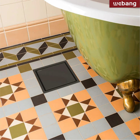 Six Inch Square Shower Drain Matte Black With Reversible Flange Cover And Tile Insert Grate Two In One Removable SUS304