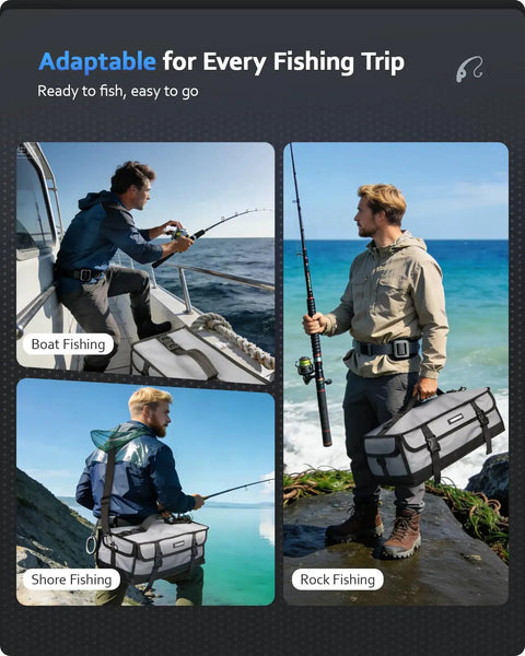 Three fishermen using Large Fishing Tackle Bag For Soft Plastic Baits Storage with 900D Waterproof Oxford Fabric Grey on boat, shore, and rock.