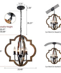 Farmhouse Wood Orb Chandelier With Four Lights, Rustic Pendant Lighting, dimensions and adjustable height details