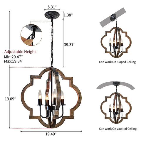 Farmhouse Wood Orb Chandelier With Four Lights, Rustic Pendant Lighting, dimensions and adjustable height details