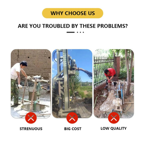 Straight Up Heavy Duty Water And Air Dual Function Well Drilling Rig Built Like A Tank, showcasing issues of strenuous, costly, and low-quality drilling methods.